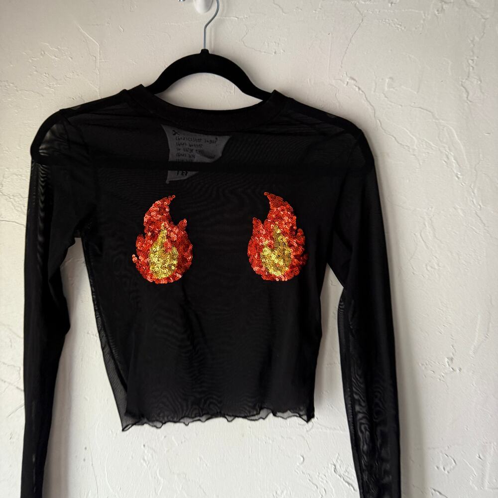 Topshop Tee and Cake Flame Sequin Sheer Mesh Top Size XS Rave Festival Y2K